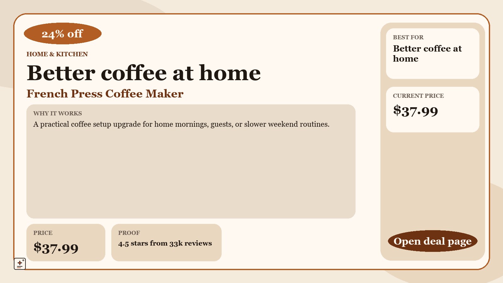 premium-hero promotional graphic for Cafe Du Chateau Stainless Steel French Press Coffee Maker 34 oz - Easy to Use Insulated Coffee Press with 4-Level Filtration, Manual Brewer for Tea, Camping & Travel with BPA Free, Durable Clear Glass, showing 24% off and a displayed price of $37.99.