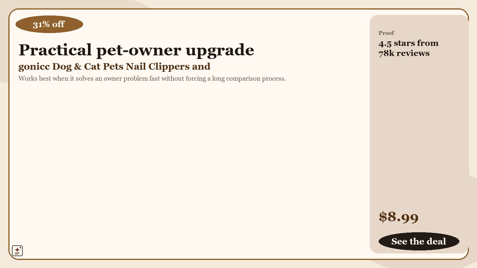 proof-landscape promotional graphic for gonicc Dog & Cat Pets Nail Clippers and Trimmers - with Safety Guard to Avoid Overcutting, Free Nail File, Razor Sharp Blade - Professional Grooming Tool for Pets, showing 31% off and a displayed price of $8.99.