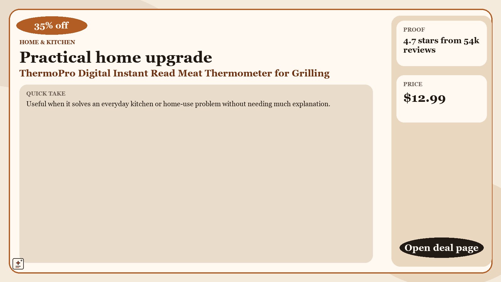 proof-landscape promotional graphic for ThermoPro Digital Instant Read Meat Thermometer for Grilling Waterproof Kitchen Cooking Food Thermometer with Ambidextrous Backlit for BBQ Grill Smoker Oil Fry Candy Thermometer, showing 35% off and a displayed price of $12.99.