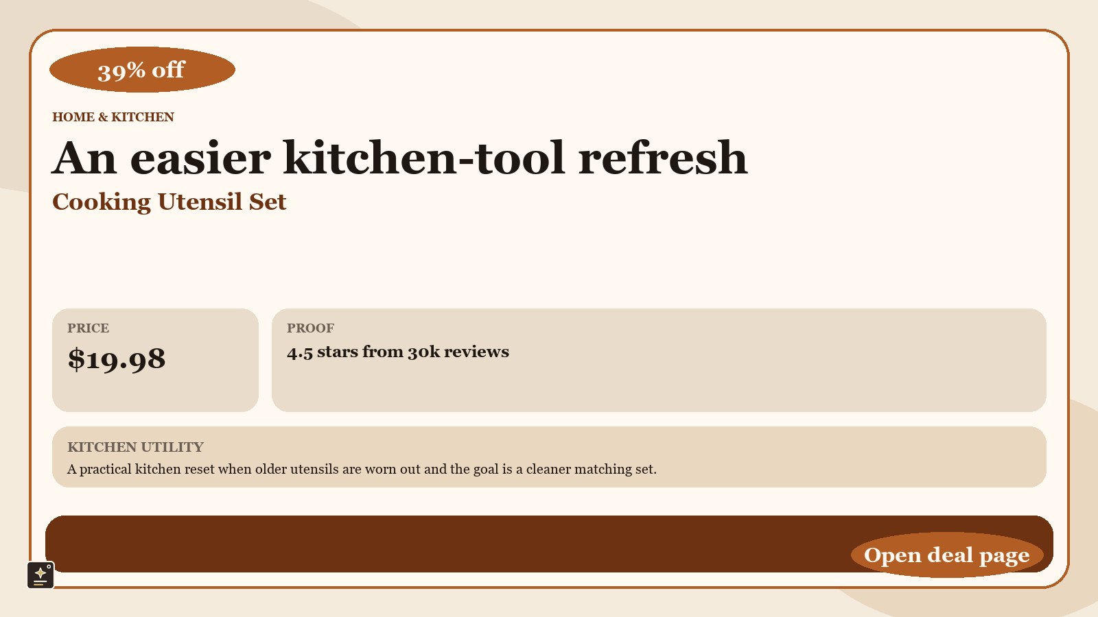 square-spotlight promotional graphic for Umite Chef Kitchen Cooking Utensils Set, 33 pcs Non-Stick Silicone Cooking Kitchen Utensils Spatula Set with Holder, Wooden Handle Silicone Kitchen Gadgets Utensil Set (Khaki), showing 39% off and a displayed price of $19.98.