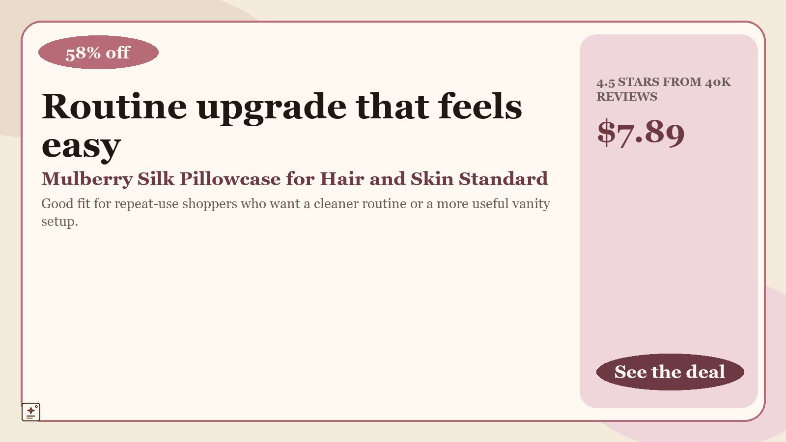 premium-hero promotional graphic for Mulberry Silk Pillowcase for Hair and Skin Standard Size 20"X 26" Pillow Case with Hidden Zipper Soft Breathable Smooth Cooling Silk Pillow Covers for Sleeping (Haze Blue,Standard,1Pcs), showing 58% off and a displayed price of $7.89.