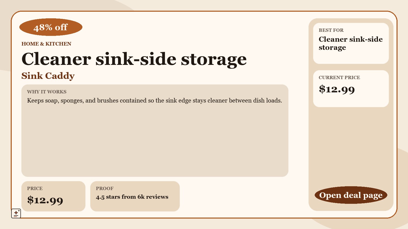 premium-hero promotional graphic for Cisily Sink Caddy Sponge Holder for Kitchen with Brush Holder and Stainless Steel Self Drain Tray, Rustproof Kitchen Sink Organizer for Sponge, Soap Dispenser Storage Accessories, showing 48% off and a displayed price of $12.99.